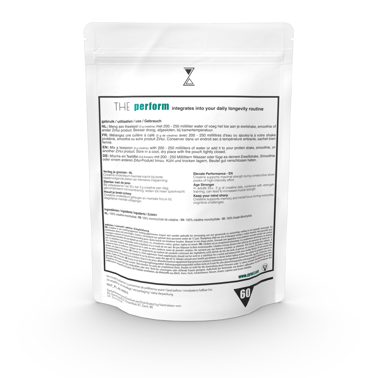 THE Perform creatine supplement ingredients back – science-backed creatine monohydrate | Zirtui