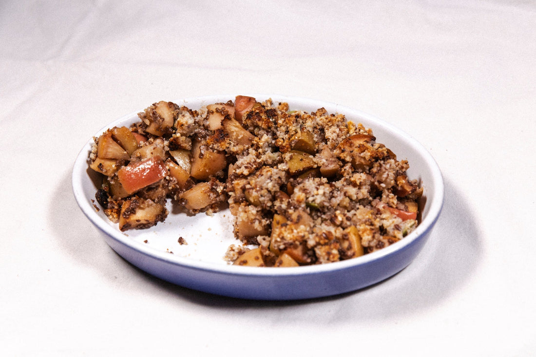Healthy apple chia crumble dessert with oats and cinnamon