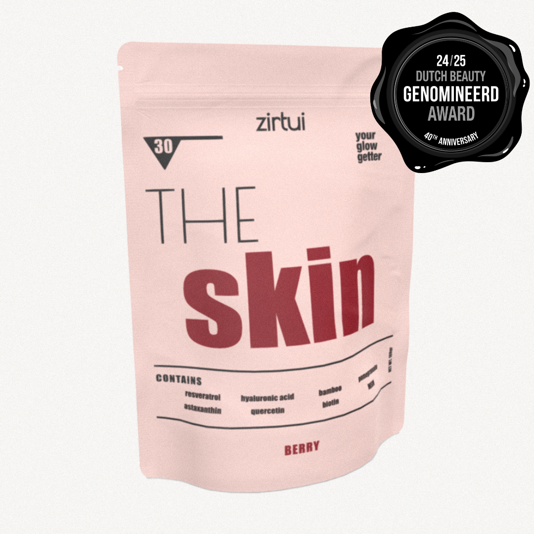 A pink pouch packaging labeled 'THE skin' by Zirtui, with a '24/25 Dutch Beauty Genomieerd Award' seal on the top right corner.